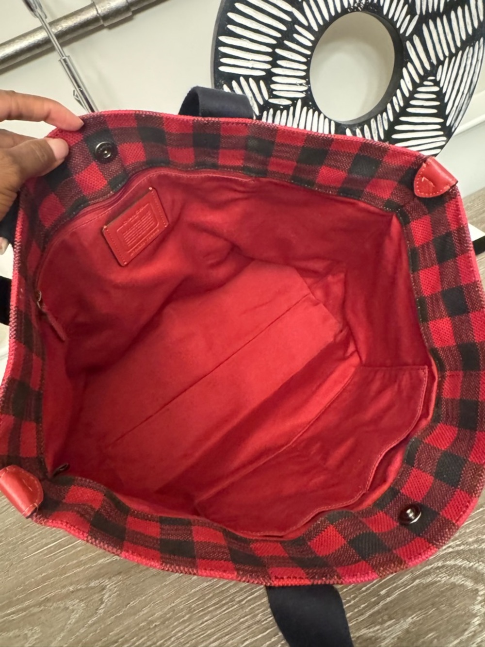 Coach Red and Black Buffalo Plaid Canvas Tote - Picture 4 of 14
